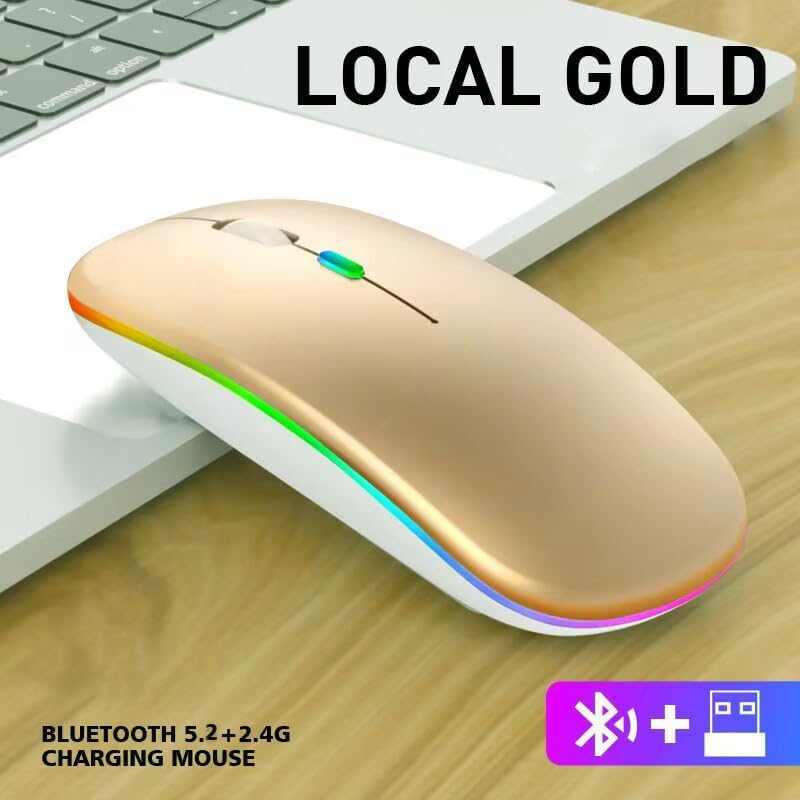 Guiheng Wireless Bluetooth Mouse,LED Dual Mode Rechargeable Silent Slim Laptop Mouse,Portable(BT5.2+USB Receiver) Dual Mode Computer Mice,for Laptop,Desktop Computer,ipad Tablet,Phone,TV (Gold) - Image 2
